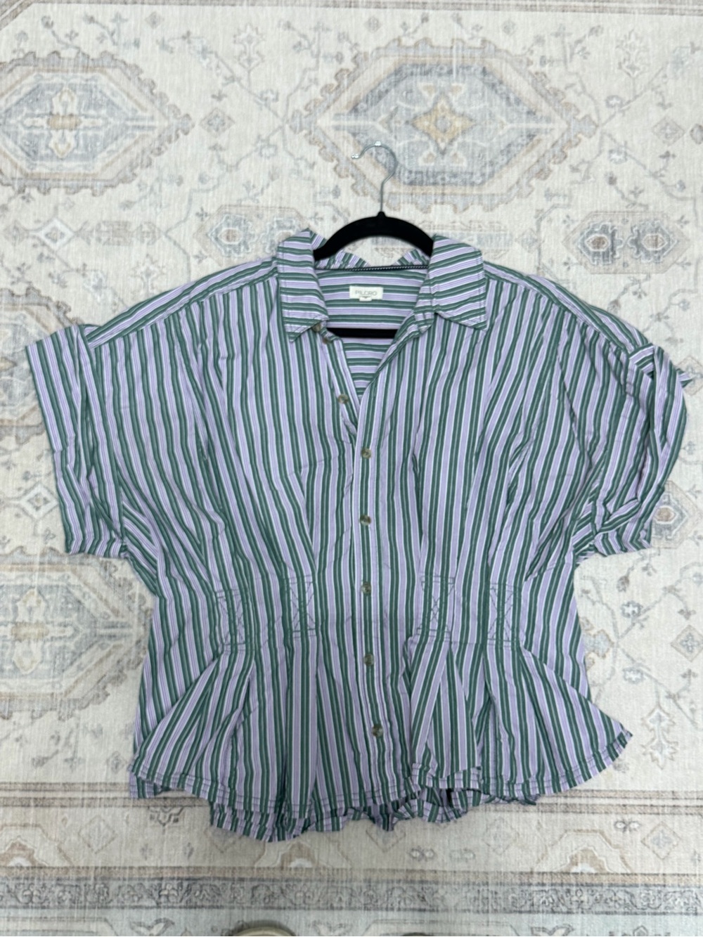 Anthropologie Bobbie Striped Button-Front Peplum Shirt - Blue/Green/White - Picture 2 of 4